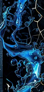 Abstract blue waves with bubbles on a dark background.