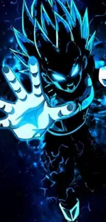 Anime character with blue energy in action pose on phone wallpaper.