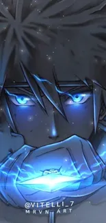 Anime wallpaper with blue glowing eyes and powerful energy effect.