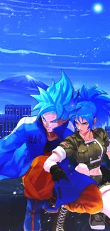 Two anime characters with blue hair against a cityscape under a night sky.