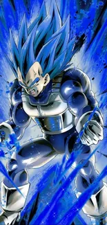 Anime warrior with blue aura and intense energy
