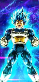 Anime warrior with electrifying blue energy aura, striking a powerful pose.