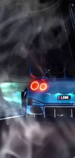 Dynamic blue car with red tail lights and smoky backdrop.