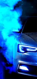 Sleek car with blue smoke background wallpaper.