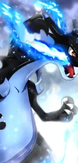 Dynamic anime dragon breathing blue fire, vibrant fantasy art.