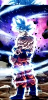 Anime character with blue aura in action-packed setting.