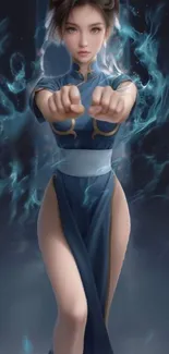 Anime warrior with blue aura and dynamic pose.