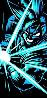 Anime warrior with blue energy burst on dark background.