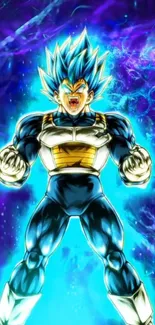 Anime character with blue energy aura on vibrant background.