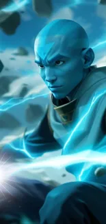 A dynamic blue energy warrior with striking aura set in fantasy art style.