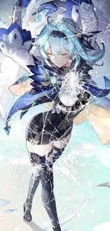 Fantasy character in blue-themed dynamic art design on mobile wallpaper.