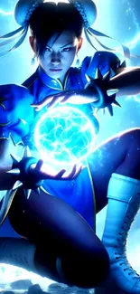 Anime fighter with electric aura in dynamic blue scene.