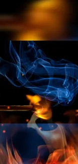 Vibrant blue fire and smoke on a black background wallpaper.