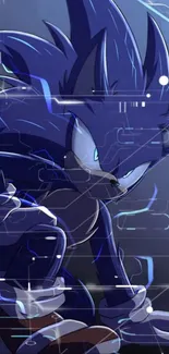 Energetic blue hedgehog with dynamic tech aura on mobile wallpaper.