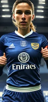 Soccer player in blue jersey on the field with stadium lights.