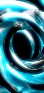 Dynamic blue and metallic spiral design with a dark center on wallpaper.