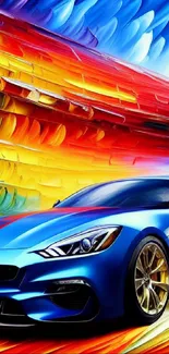 Blue sports car with vibrant abstract background.