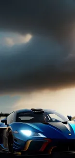 Blue sports car on a race track under dramatic skies.