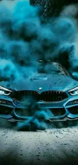 Blue sports car with dramatic smoke effect background.