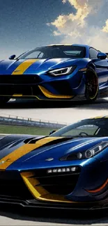 High-resolution wallpaper of blue sports cars on a racetrack.