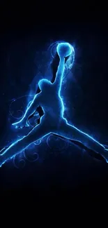 Blue silhouette of a dynamic figure jumping on dark background wallpaper.