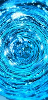 Dynamic electric blue water vortex with sparkling reflections.