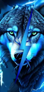 Vibrant blue wolf with green eyes and an electric bolt in digital art style.