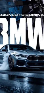 Sleek BMW car with dynamic design and smoky background.