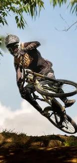 Cyclist performing a jump on a dirt trail with trees and clear sky.