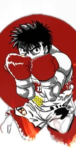 Anime boxer in red-themed wallpaper with intense boxing pose.