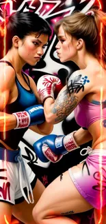 Two women boxing with graffiti background, vibrant art.