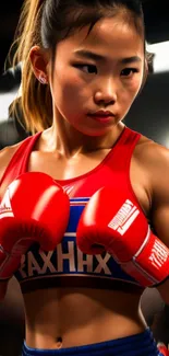 Female boxer in red gloves intensely focused.