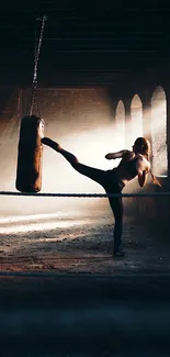 Silhouetted athlete kicks punching bag in gym setting.