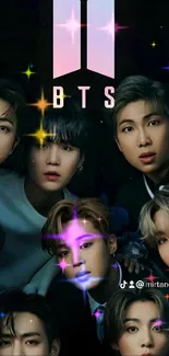 BTS group portrait showcasing members with dark tones and purple highlights.