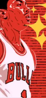 Illustrated basketball player on red background with yellow stars.