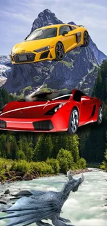 Flying sports cars over mountains with a scenic background.