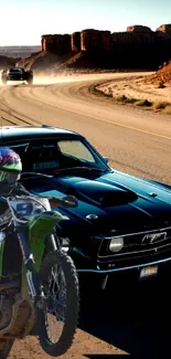 Dynamic wallpaper featuring a muscle car and dirt-bike on a desert road.