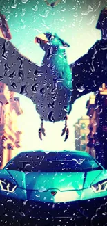 Dynamic mobile wallpaper with a teal car and a bird in a rainy urban scene.