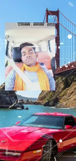 Red sports car with Golden Gate Bridge backdrop.