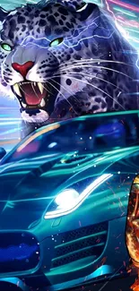 Futuristic car and roaring cheetah with neon effects.