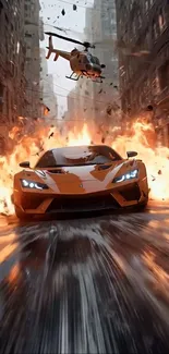 Sports car racing with fiery explosion in cityscape.