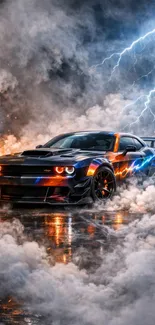 Racing car in a storm with lightning.