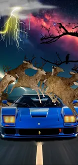 Blue car with deer and lightning on road wallpaper.