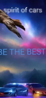 Dynamic wallpaper with an eagle, sports cars, and an inspiring message.