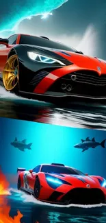 Vibrant sports car on a fiery ocean backdrop with sharks and dynamic blue hues.