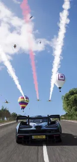 Race car with hot air balloons in a bright, clear sky background.