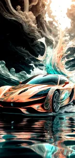 Abstract car art with dynamic teal waves and sleek design.