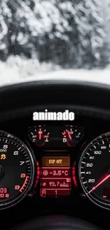 Car dashboard in winter with digital meters.