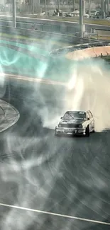 Car drifting on a racetrack with smoky tire trails creating a dynamic scene.