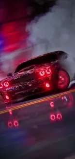 High-speed race car drifting with red lights at night.